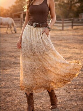 Reba Sahara Oasis Lace Maxi Skirt Western Boho Neutral Ombre Size L